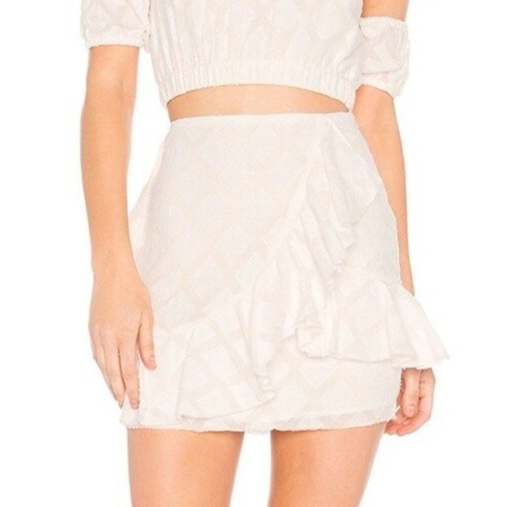 Tularosa Hannah Ruffle Mini Skirt Size Large Ivory White Cream Faux Wrap New